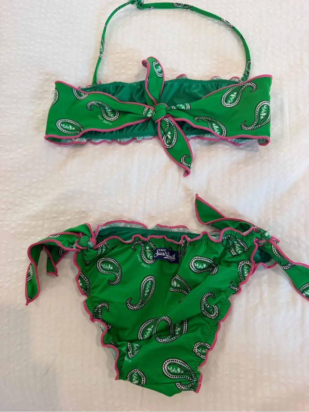 Green Paisley Kids Bikini Set with Pink Trim